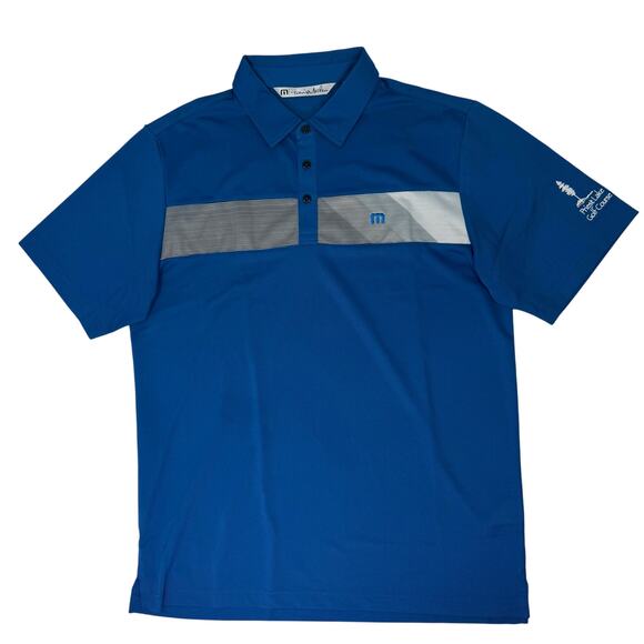 Travis Mathew Men’s M Blue Golf Polo Shirt Priest Lake Course Gray Stripe - Picture 1 of 9